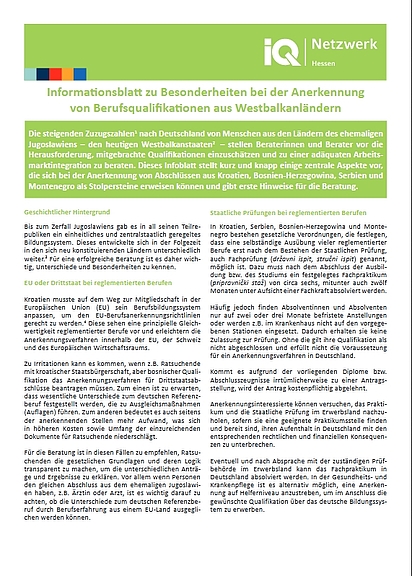 Informationsblatt zu zu Besonderheiten bei der Anerkennung  von Berufsqualifikationen aus Westbalkanländern des IQ Netzwerks Hessen