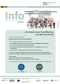IQ Infoblatt mit Informationen zur Anerkennung von im Ausland erworbenen Qualifikationen in Hessen