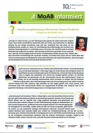 Informationsblatt zum Beratungsangebot der Mobilen Anerkennungsberatung in Corona-Zeiten
